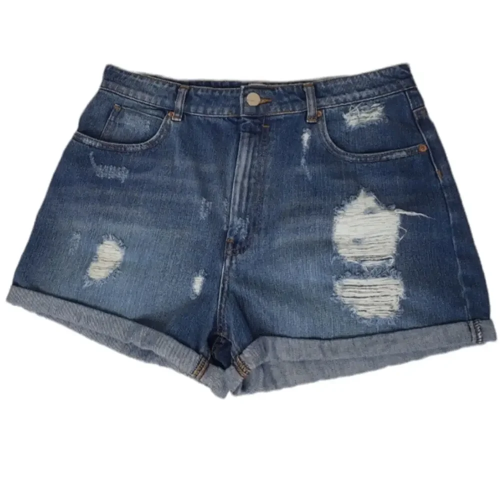Asos denim jeans shorts distressed high waisted mom rolled hem size 12